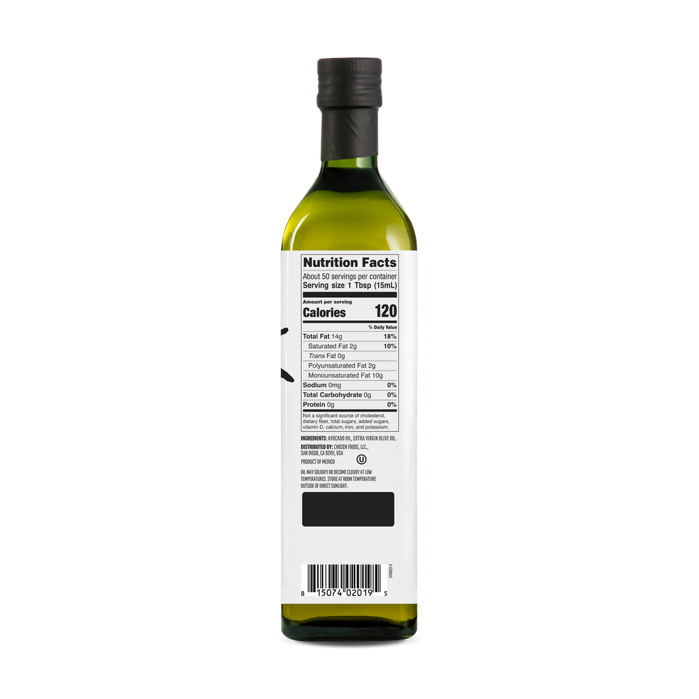 50/50 Blend 100% Pure Avocado + Extra Virgin Olive Oil 750ml Bottle - View Nutrition Facts