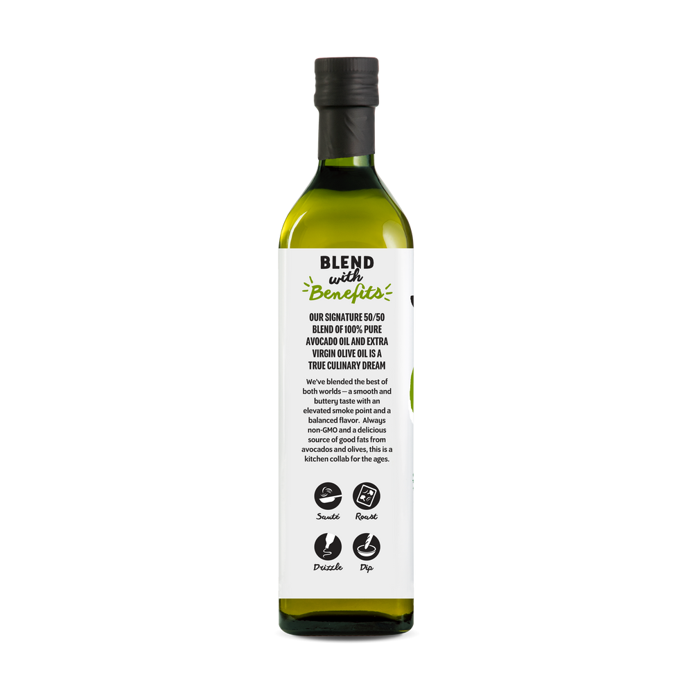 50/50 Blend 100% Pure Avocado + Extra Virgin Olive Oil 750ml Bottle View Features