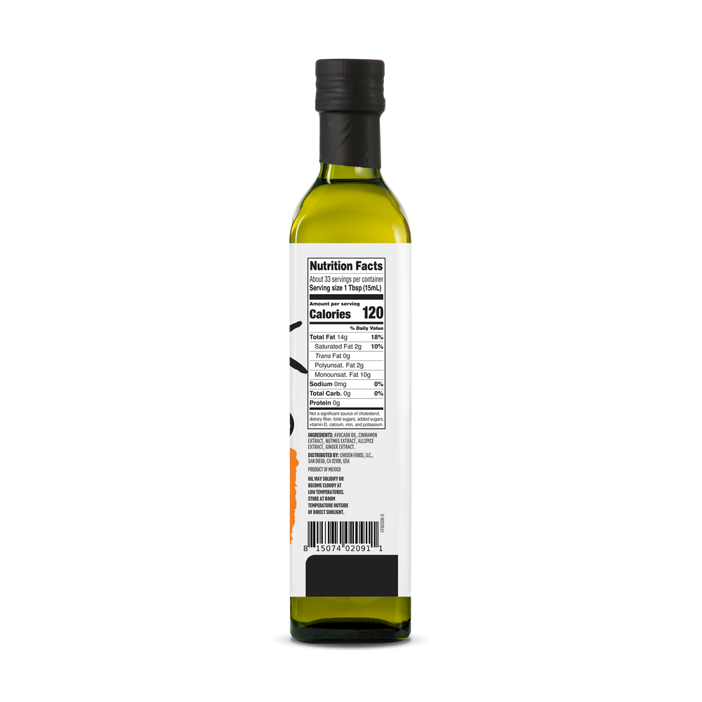 pumpkin spice avocado oil bottle side with nutrition facts