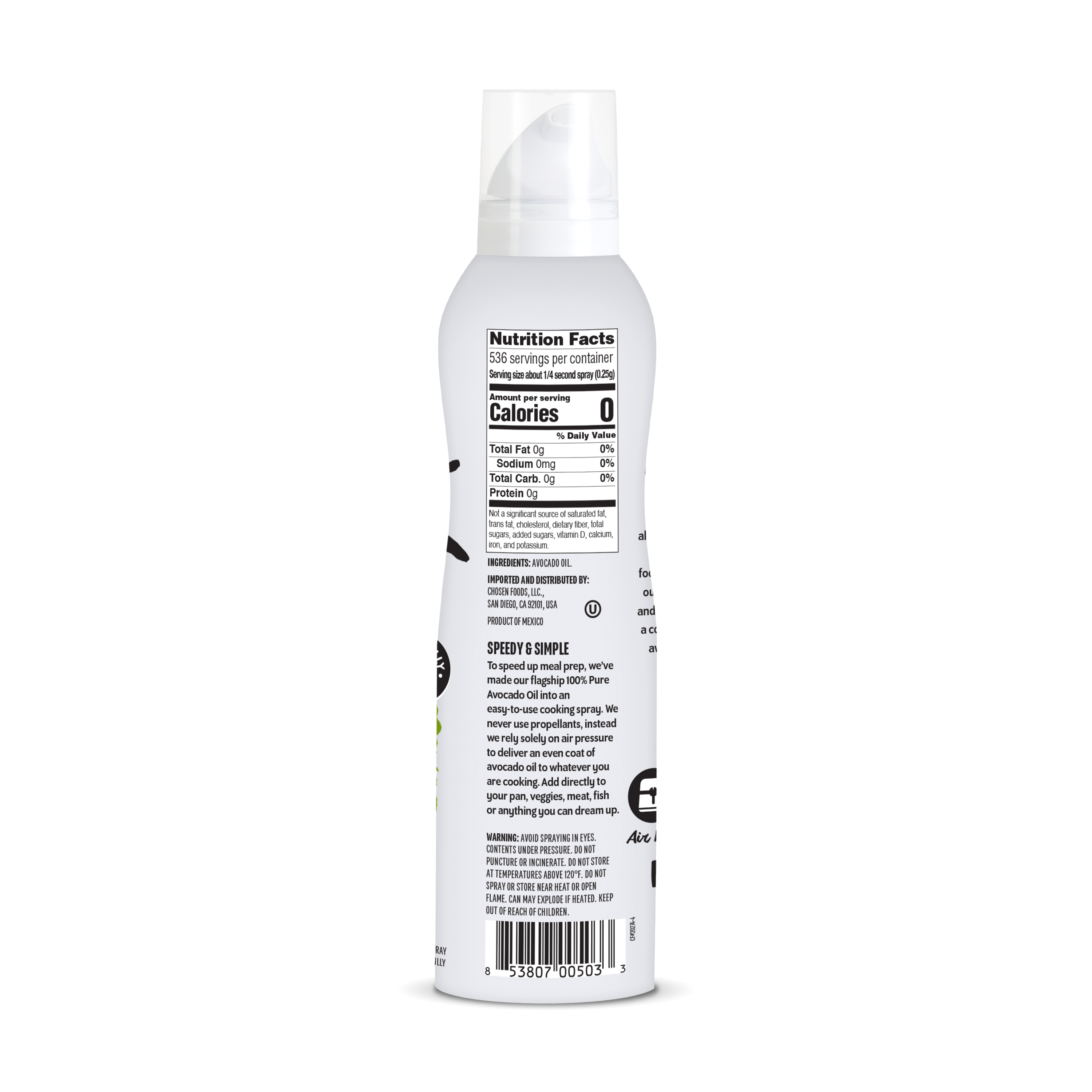 100 Pure Avocado Oil Spray 4.7 oz Can Chosen Foods