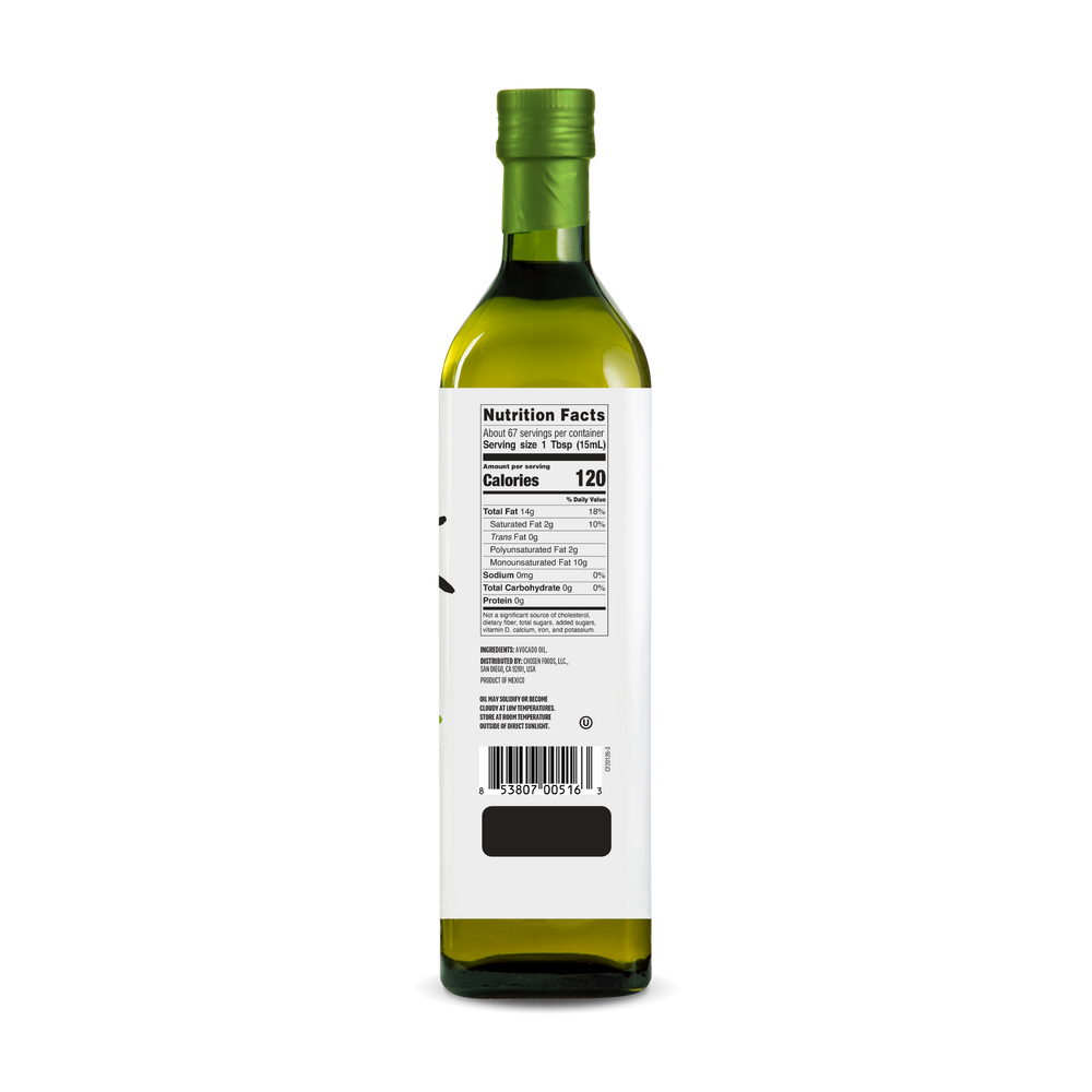 Side Shot of 1 Liter Bottle of Chosen Foods 100 % Pure Avocado Oil