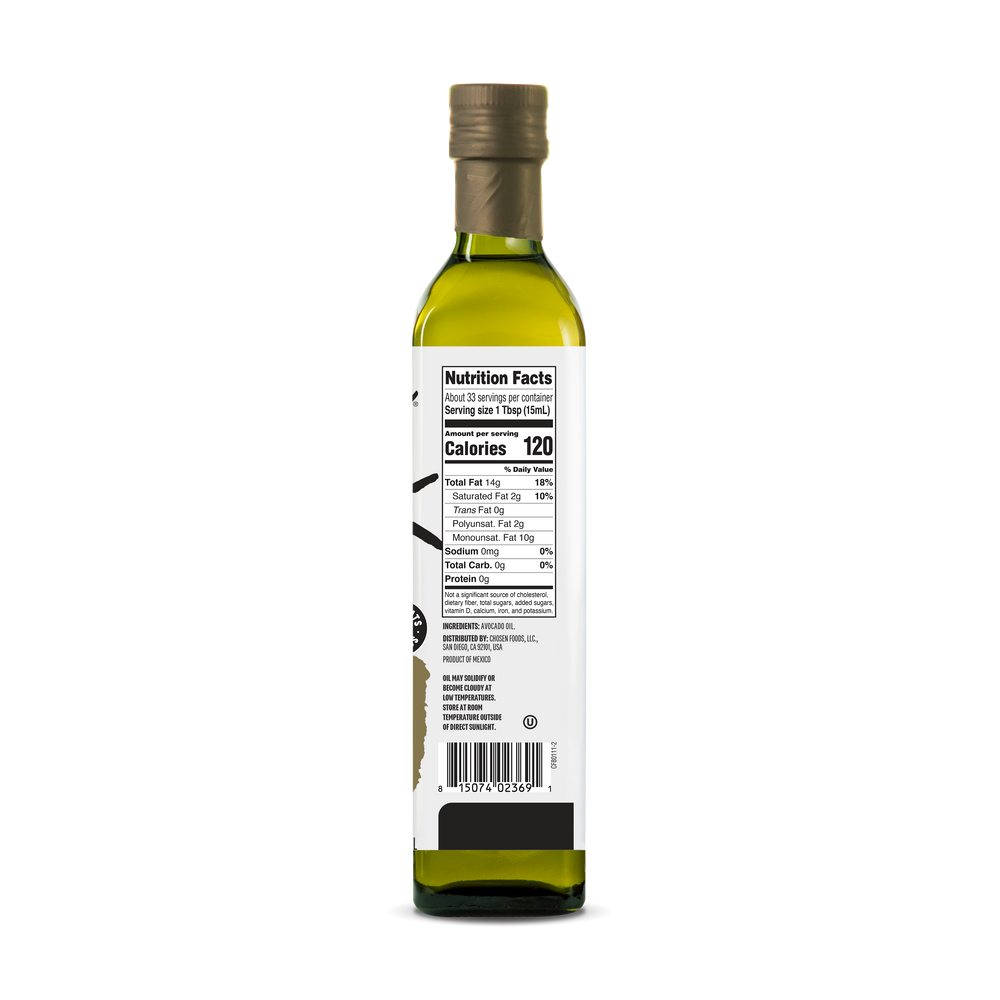 100% Pure Extra Virgin Avocado Oil 500ml Glass Bottle - View Nutrition Facts