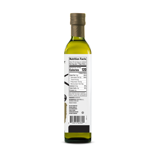 100% Pure Extra Virgin Avocado Oil 500ml Glass Bottle - View Nutrition Facts