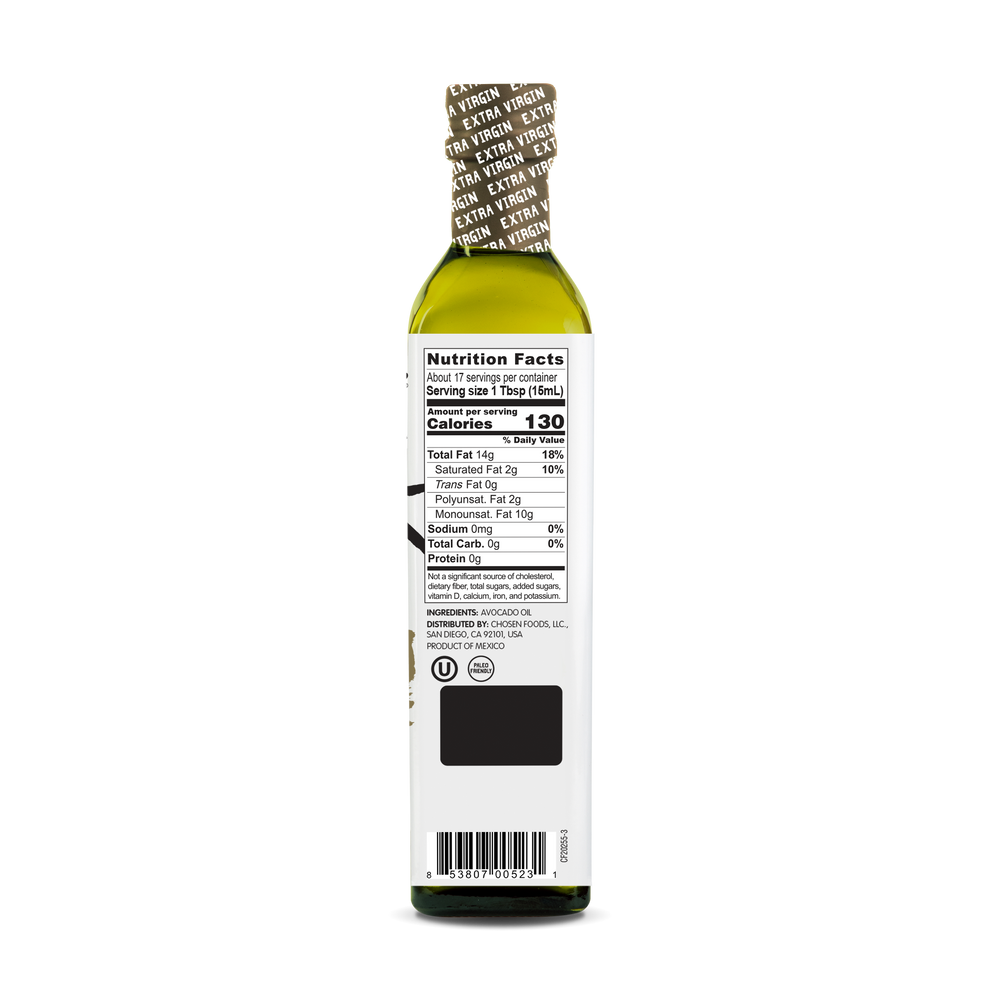 100% Pure Extra Virgin Avocado Oil 250ml Glass Bottle - View Nutrition Facts